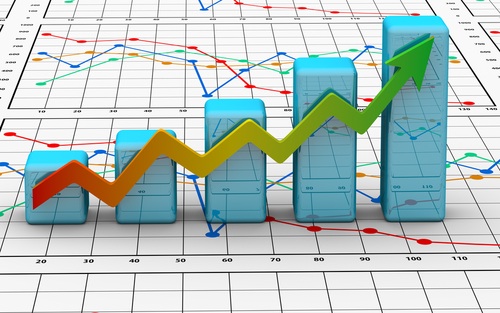 3D bar chart with rising trend line over a grid background with scattered line graphs.